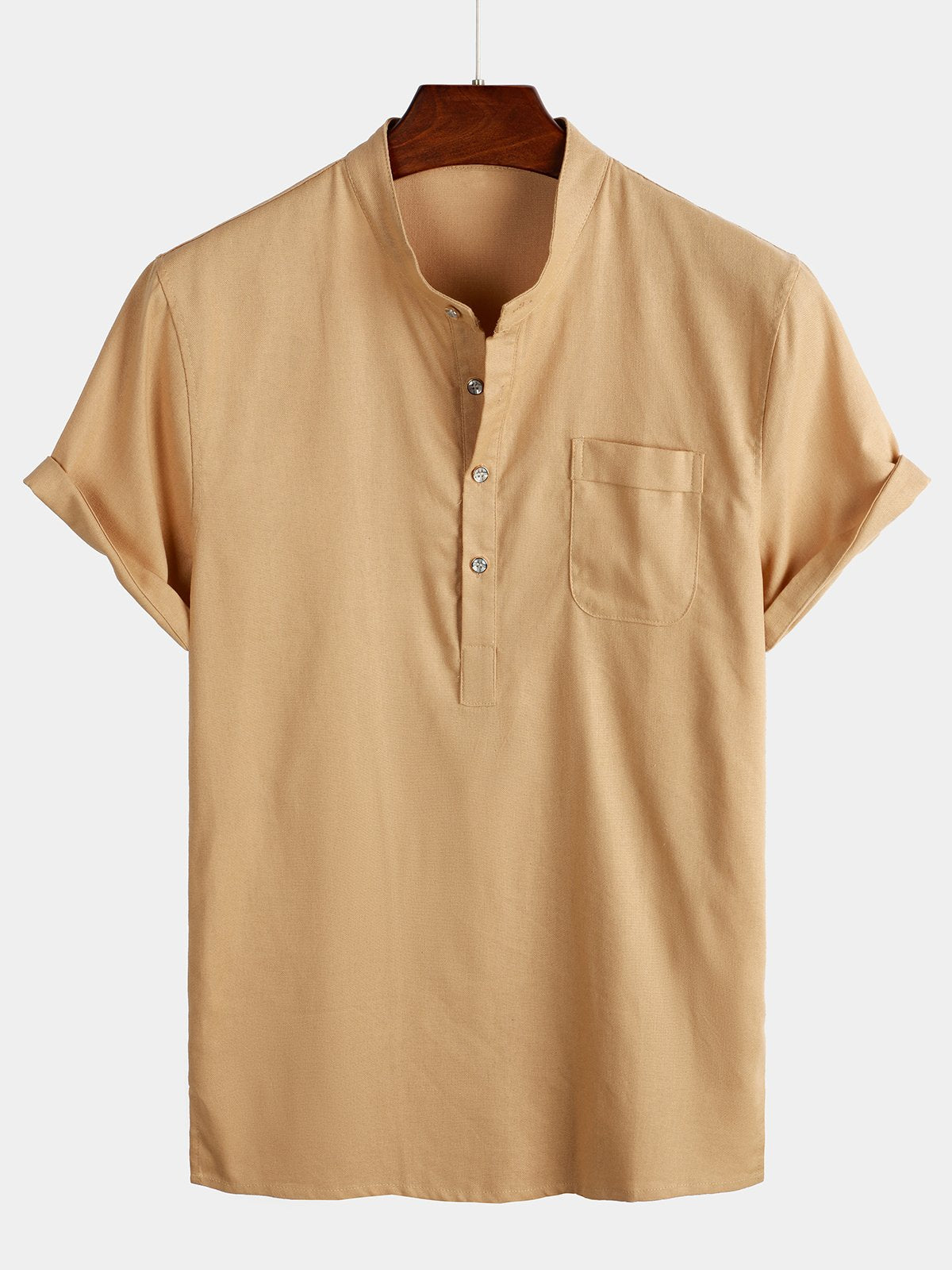 Men's Solid Color Stand Collar Half Button Pocket Front Shirt