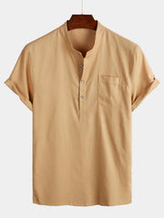 Men's Solid Color Stand Collar Half Button Pocket Front Shirt