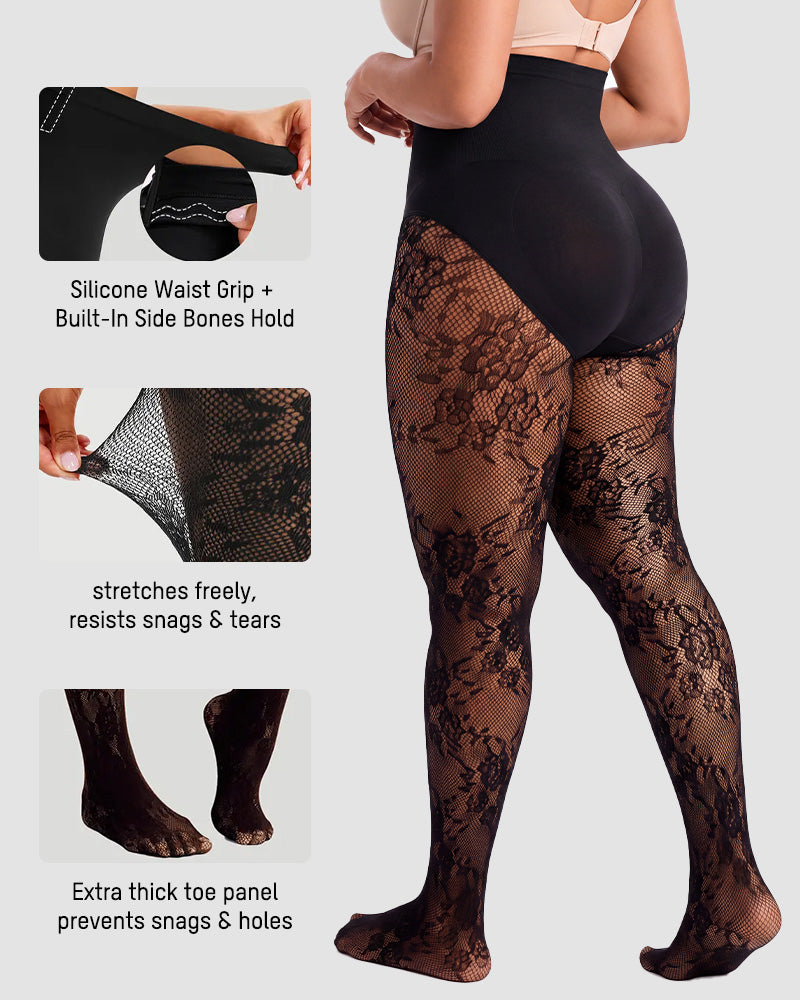 High-Waisted Floral Lace Shaping Tights - view 4