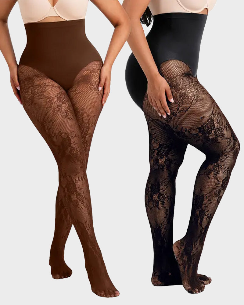 High-Waisted Floral Lace Fleece-Lined Sheer Tights - view 11