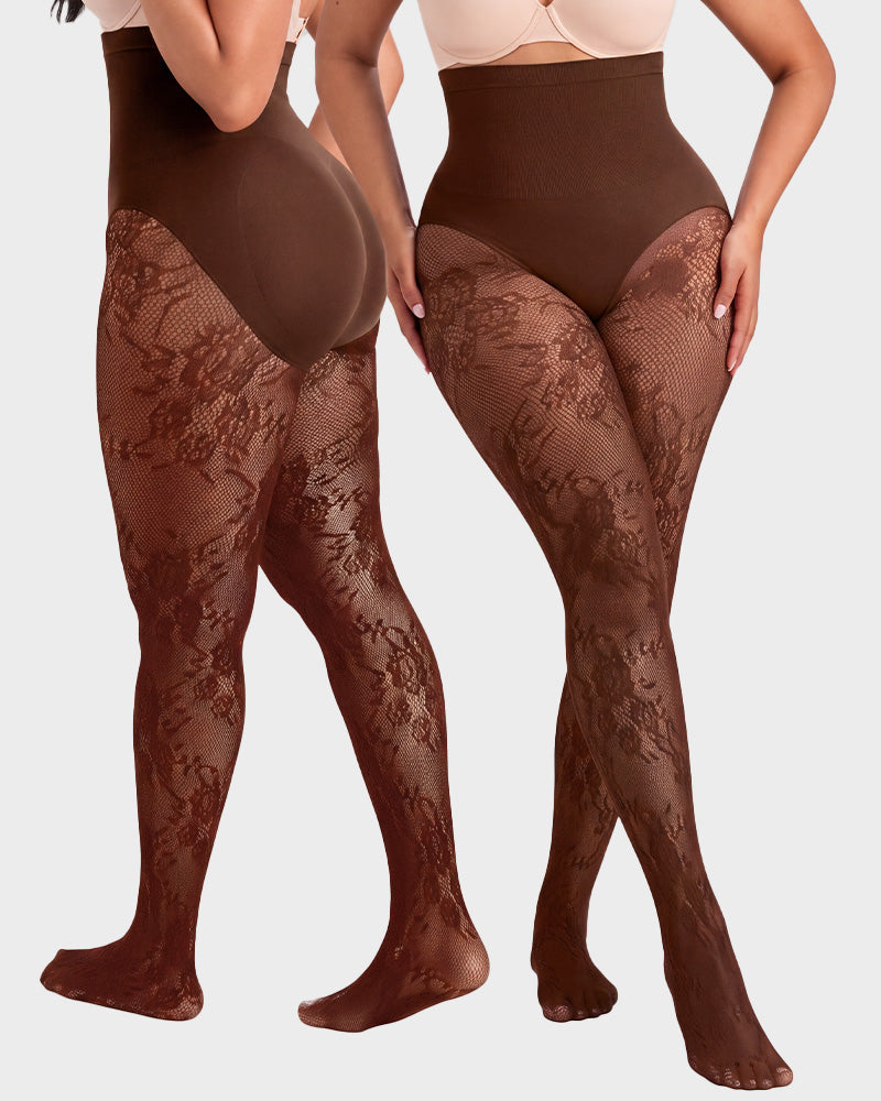 High-Waisted Floral Lace Fleece-Lined Sheer Tights - view 15
