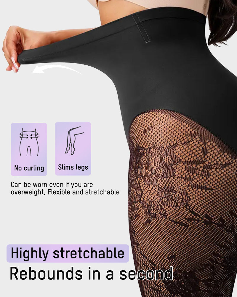 High-Waisted Floral Lace Fleece-Lined Sheer Tights - view 6