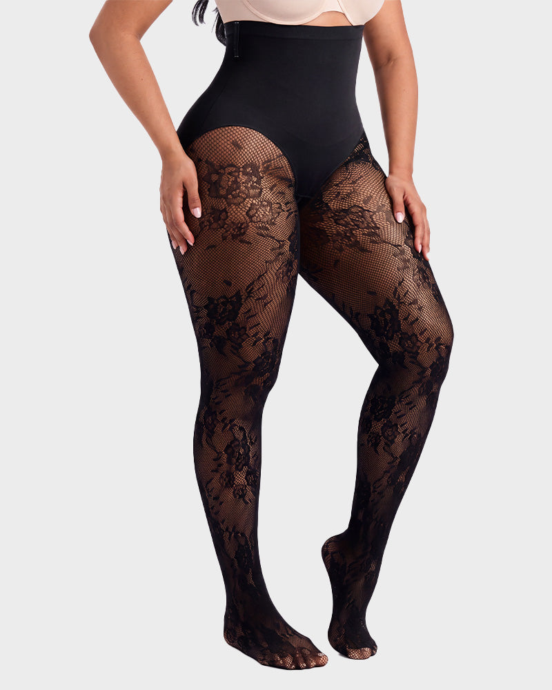 High-Waisted Floral Lace Fleece-Lined Sheer Tights - view 9