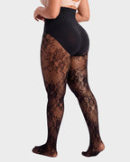 High-Waisted Floral Lace Fleece-Lined Sheer Tights - view 10