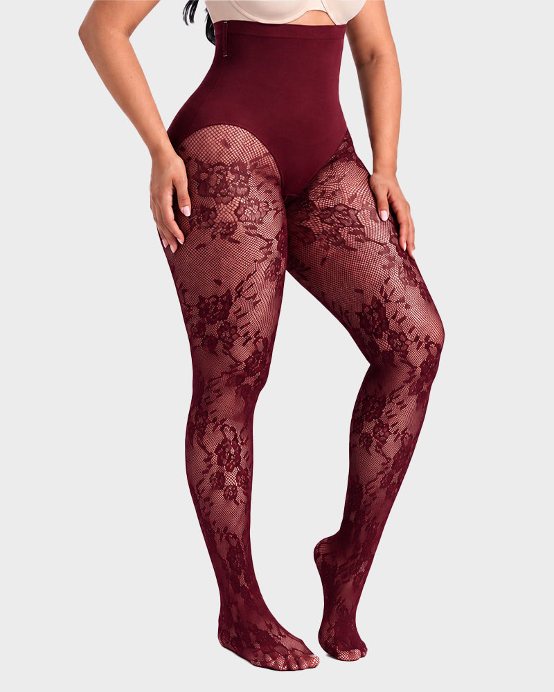 High-Waisted Floral Lace Shaping Tights - view 21