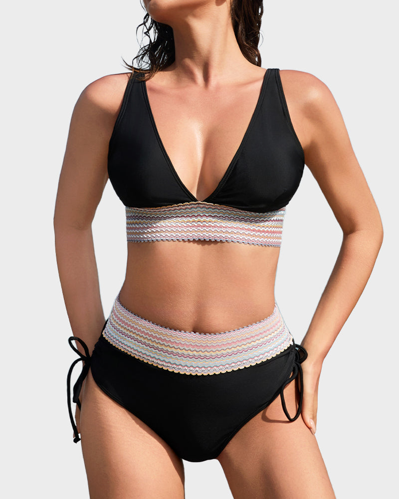 High Waisted Tummy Control Color Block Bikini Sets - view 26