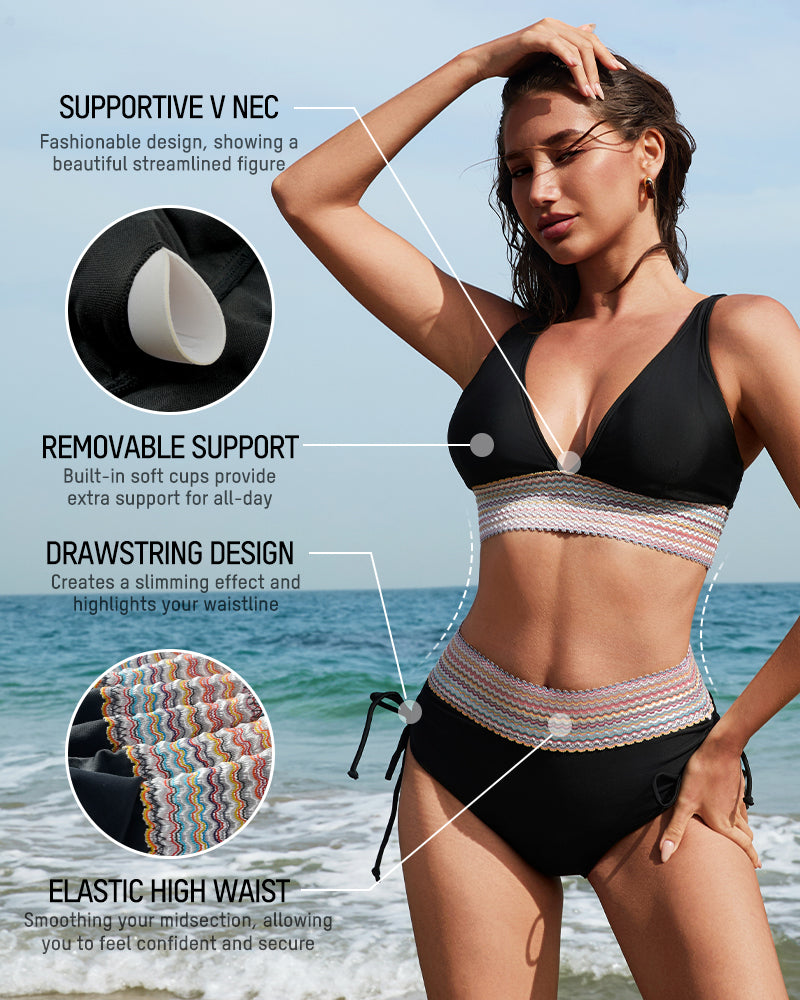 High Waisted Tummy Control Color Block Bikini Sets - view 30