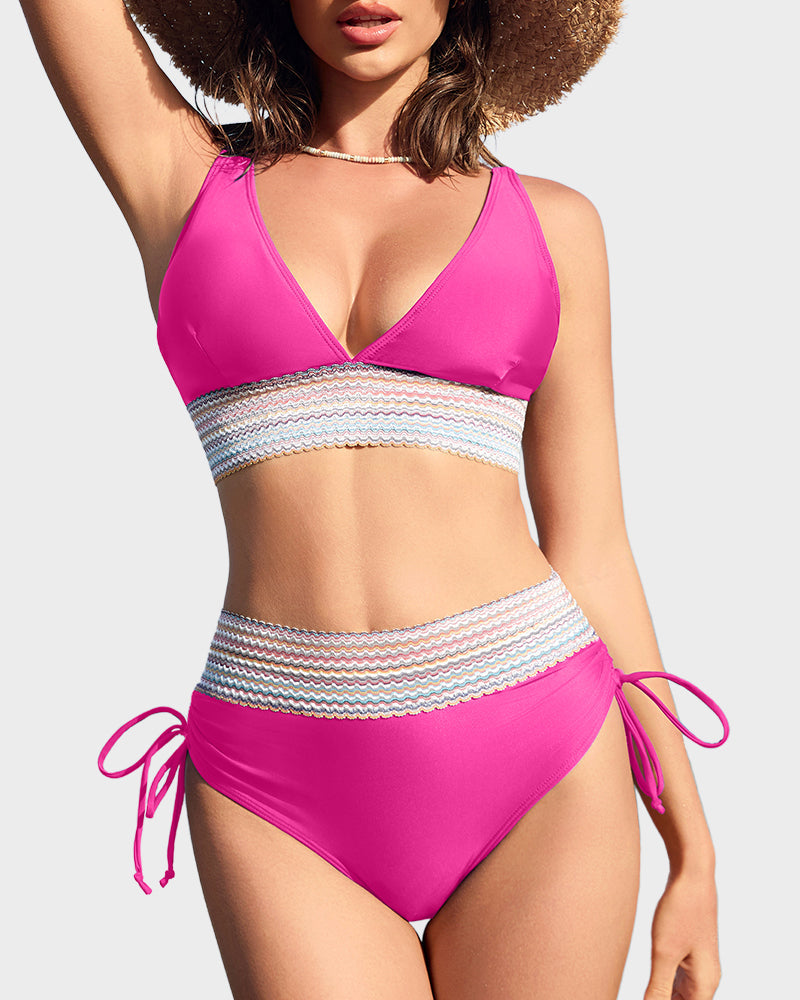 High Waisted Tummy Control Color Block Bikini Sets - view 16
