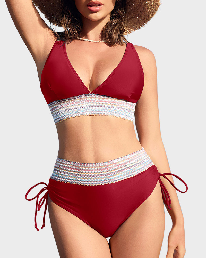 High Waisted Tummy Control Color Block Bikini Sets - view 20
