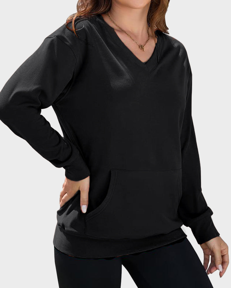 Hoodless Oversized Fleece V-Neck Sweatshirt Top - view 2