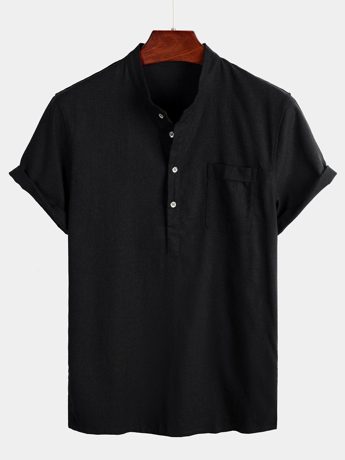 Men's Solid Color Stand Collar Half Button Pocket Front Shirt