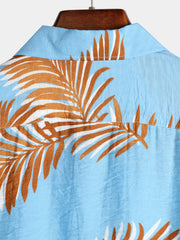 Men's Blue Tropical Leaf Print Pocket Short Sleeve Shirt