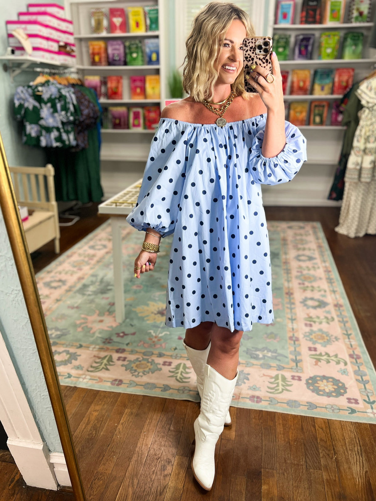 Dotty About You Gathered Mini Dress - Sky/Navy