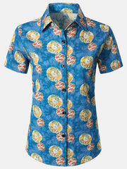 Women's Floral Print Blouse Flower Hawaiian Cotton Beach Summer Aloha Short Sleeve Shirt