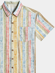 Men’s Vertical Striped Cotton Breathable Cool Resort Vacation Short Sleeve Shirt