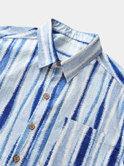 Men’s Retro Tie Dye Vertical Striped Cotton Breathable Cool Resort Vacation Short Sleeve Shirt