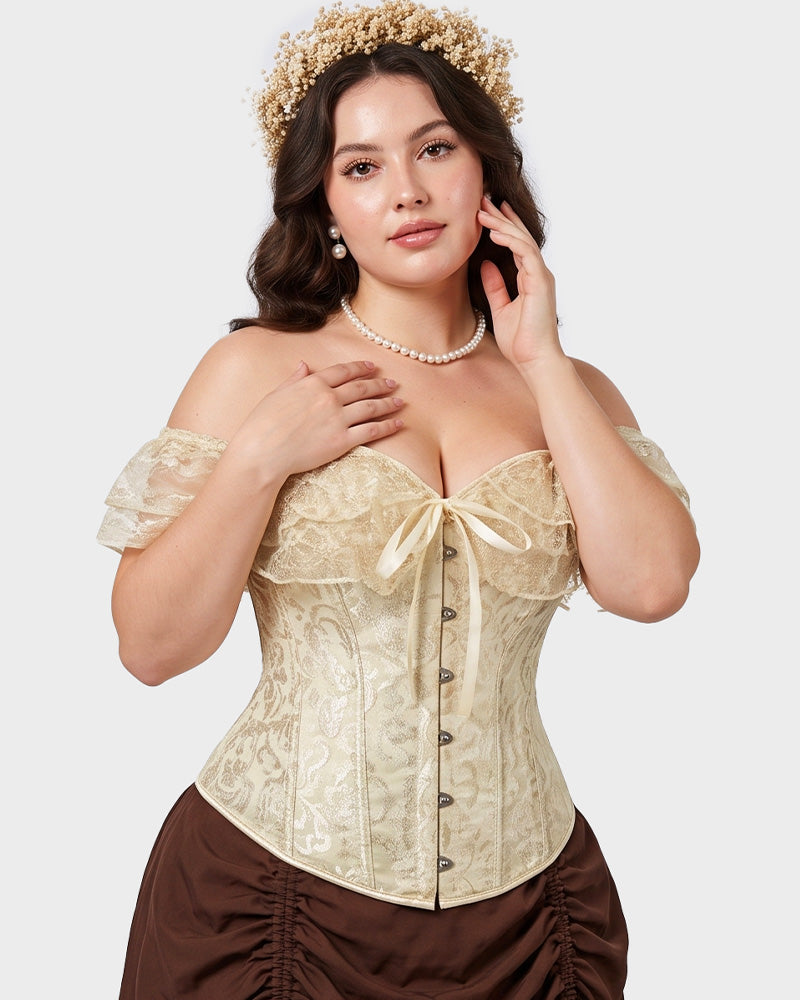 Lace Off-Shoulder Jacquard Front-Hook Corset - view 12