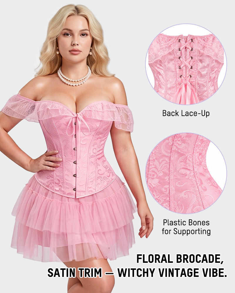 Lace Off-Shoulder Jacquard Front-Hook Corset - view 4