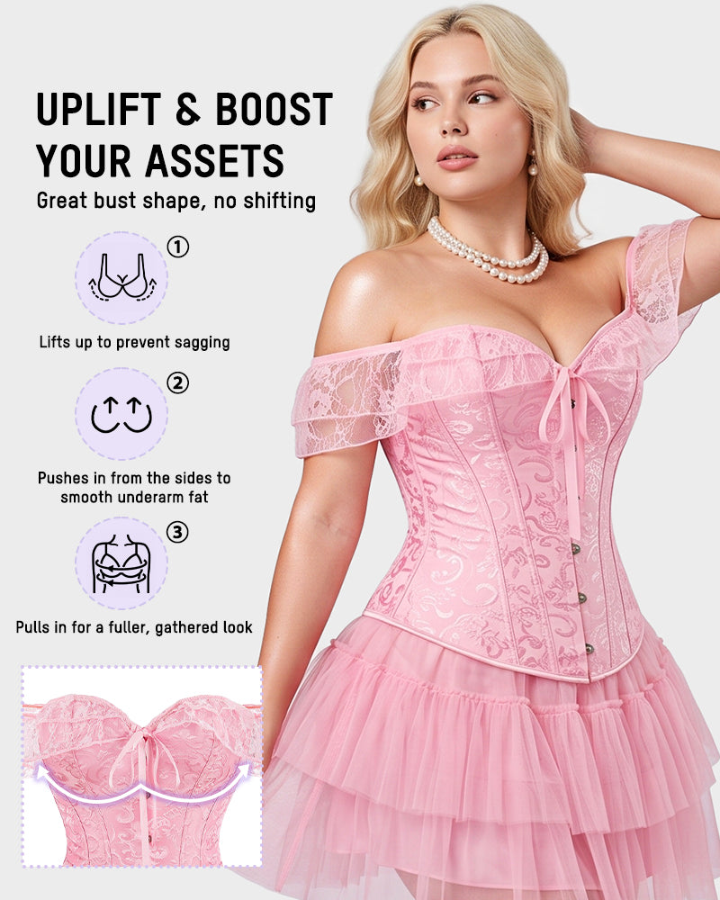 Lace Off-Shoulder Jacquard Front-Hook Corset - view 5