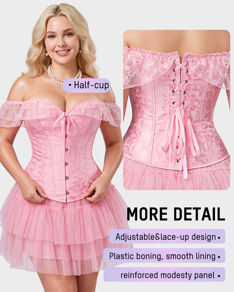 Lace Off-Shoulder Jacquard Front-Hook Corset - view 2