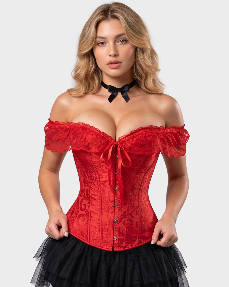 Lace Off-Shoulder Jacquard Front-Hook Corset - view 9