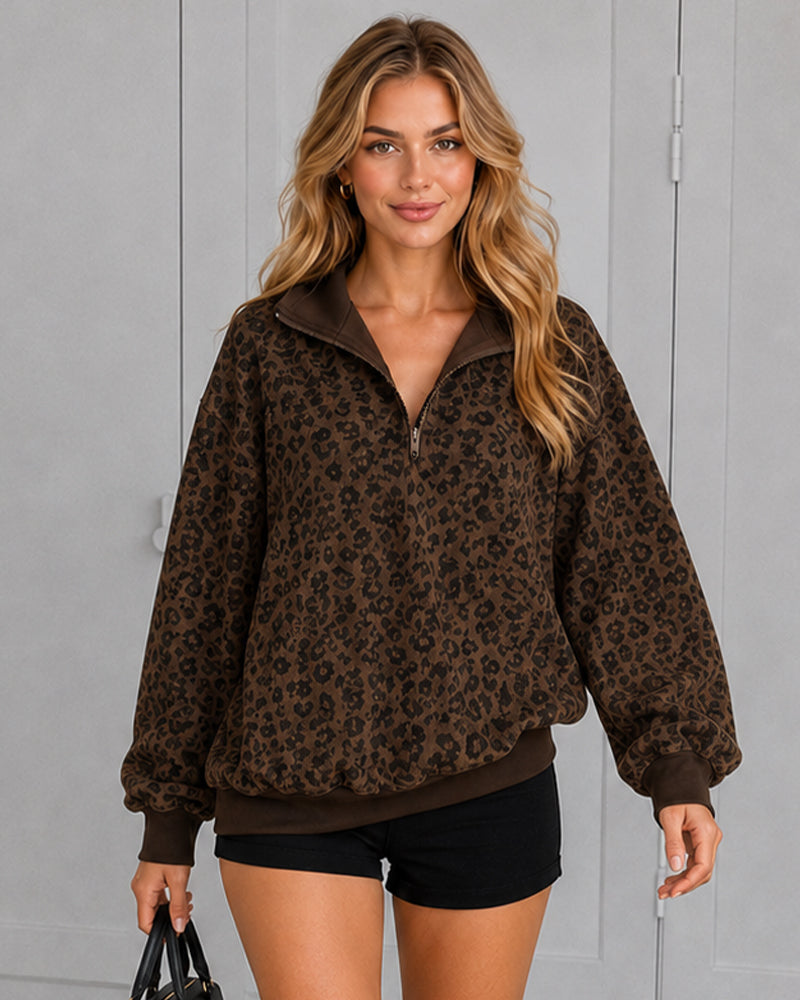 Leopard-Print Half-Zip Oversized Pullover - view 2