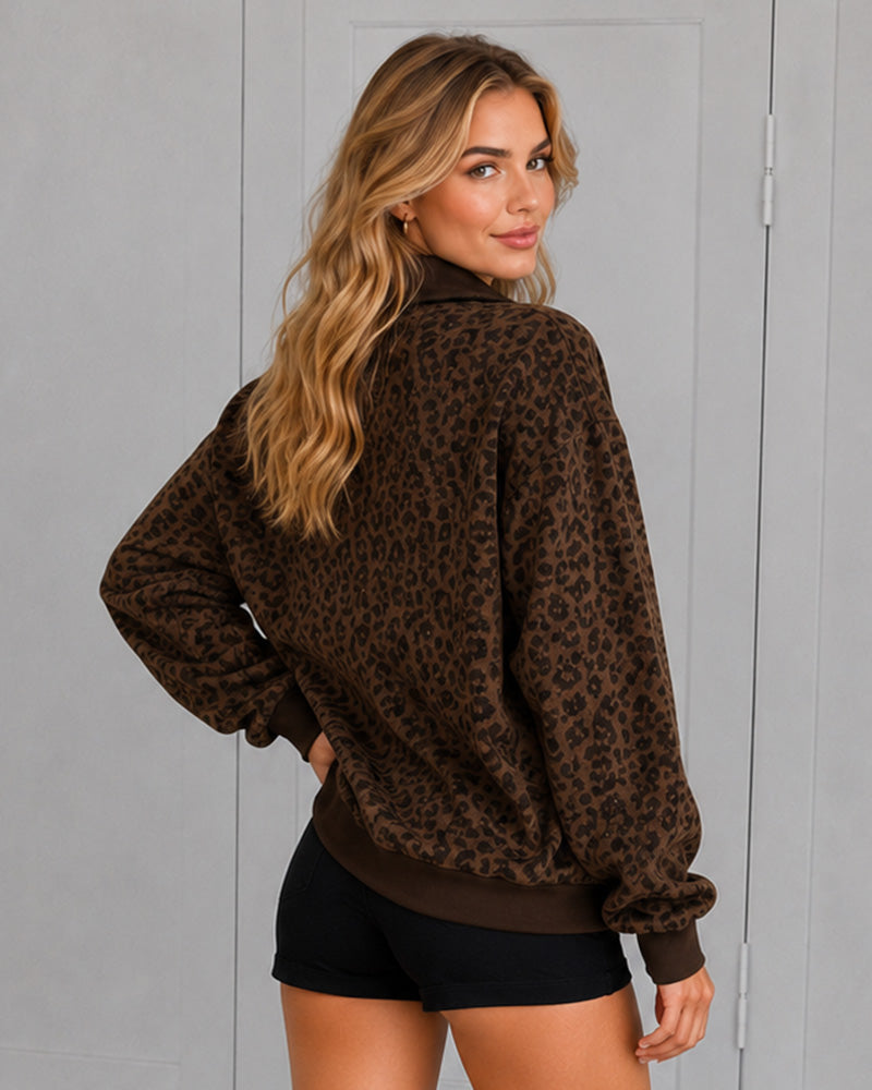 Leopard-Print Half-Zip Oversized Pullover - view 4