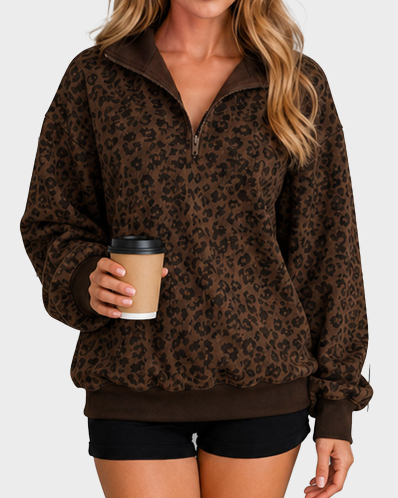 Leopard-Print Half-Zip Oversized Pullover - view 17