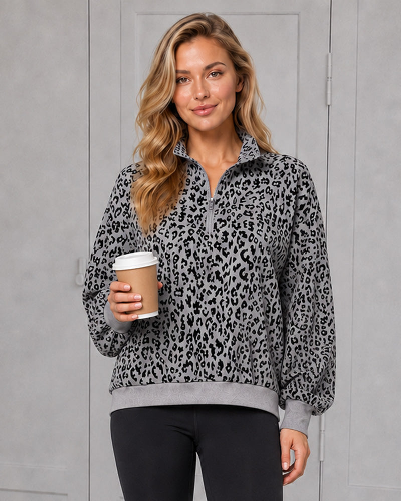 Leopard-Print Half-Zip Oversized Pullover - view 12