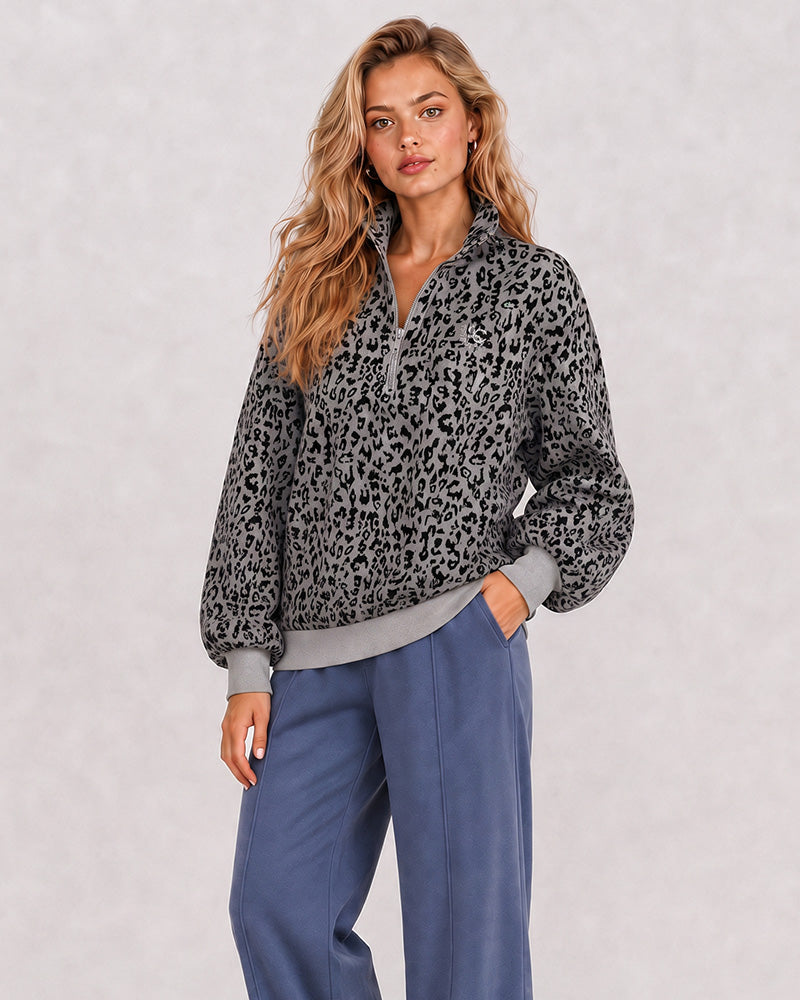 Leopard-Print Half-Zip Oversized Pullover - view 15