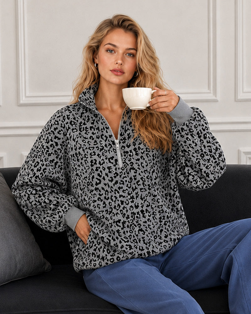 Leopard-Print Half-Zip Oversized Pullover - view 16