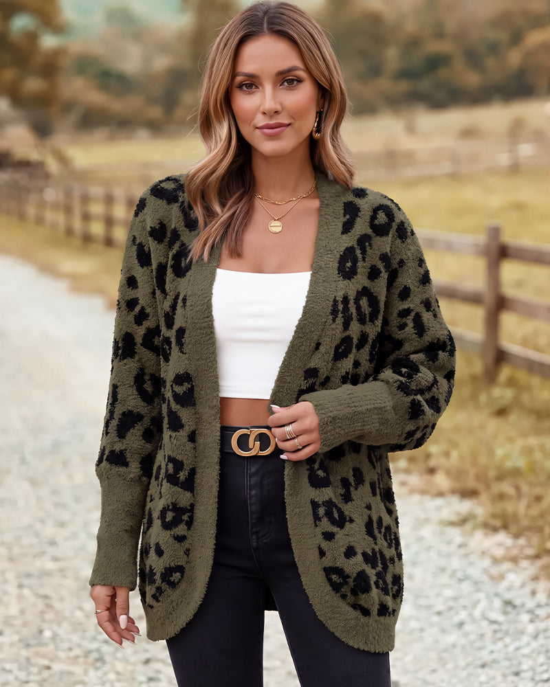 Leopard-Print Open-Front Knit Cardigan with Pockets - view 6
