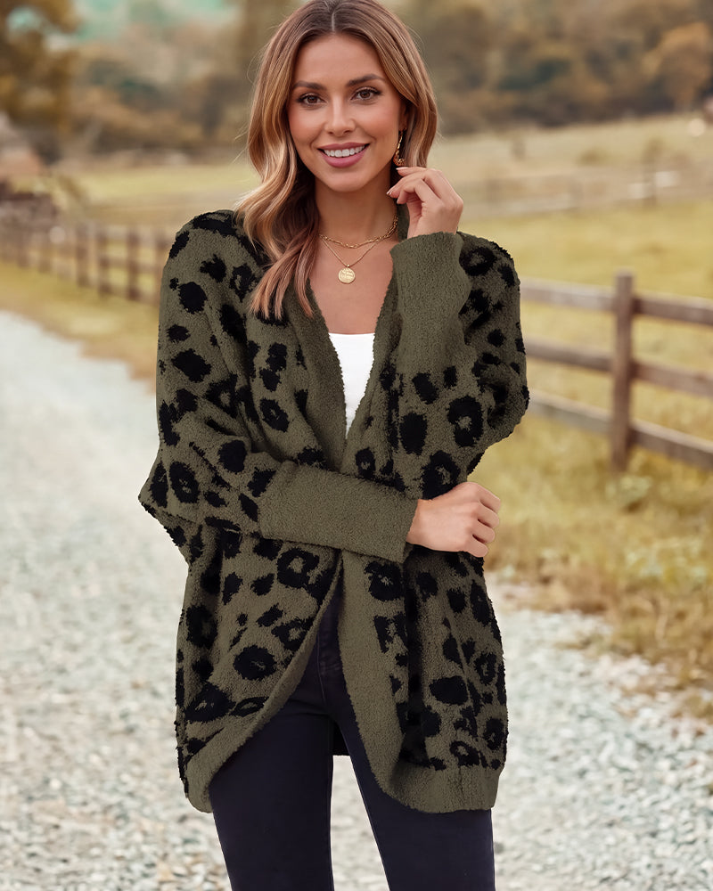 Leopard-Print Open-Front Knit Cardigan with Pockets - view 7