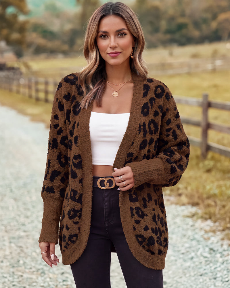 Leopard-Print Open-Front Knit Cardigan with Pockets - view 10