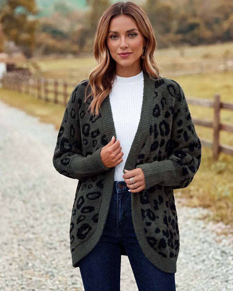 Leopard-Print Open-Front Knit Cardigan with Pockets - view 2