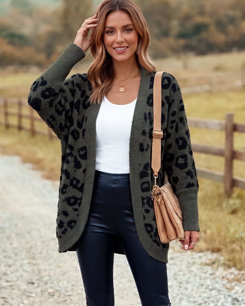 Leopard-Print Open-Front Knit Cardigan with Pockets - view 3