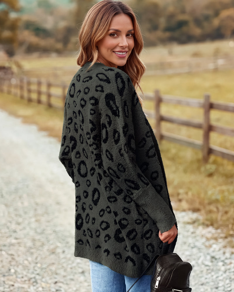Leopard-Print Open-Front Knit Cardigan with Pockets - view 4