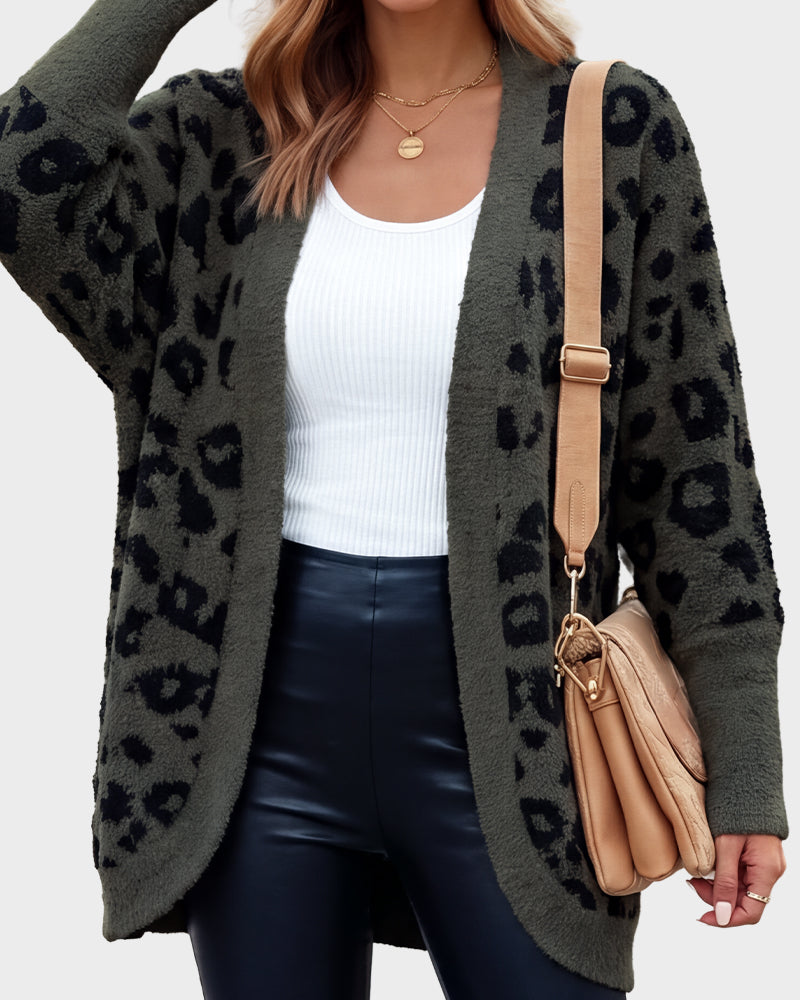 Leopard-Print Open-Front Knit Cardigan with Pockets - view 5
