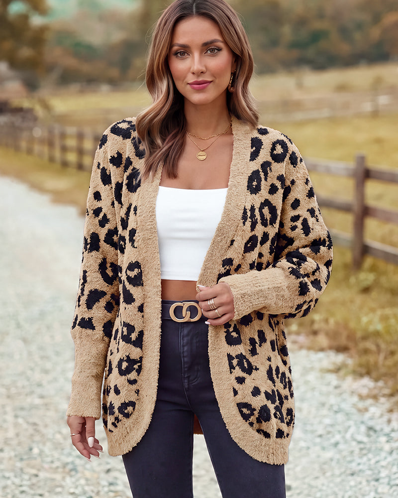 Leopard-Print Open-Front Knit Cardigan with Pockets - view 14