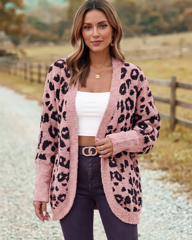 Leopard-Print Open-Front Knit Cardigan with Pockets - view 18