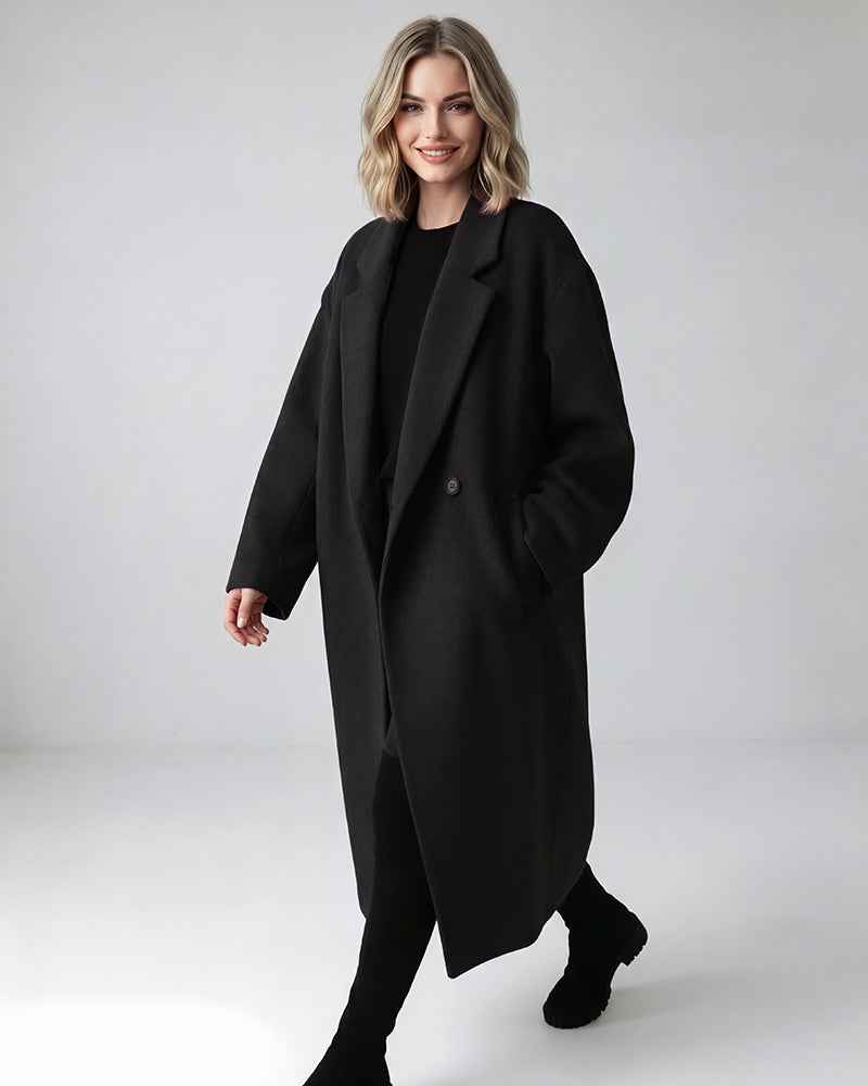 Long Double-Breasted Notched-Lapel Coat - view 8