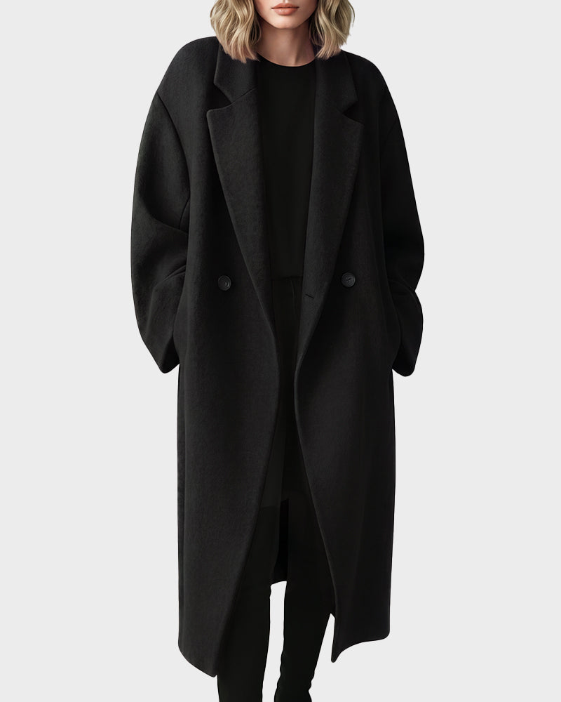 Long Double-Breasted Notched-Lapel Coat - view 20