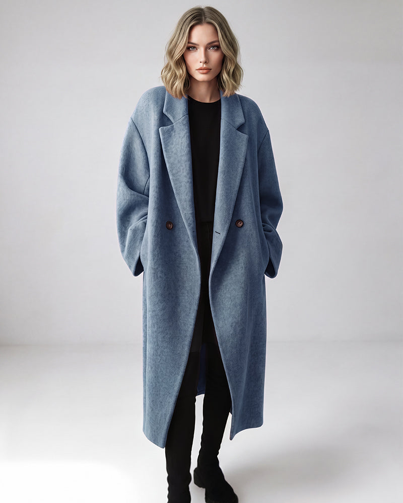 Long Double-Breasted Notched-Lapel Coat - view 11