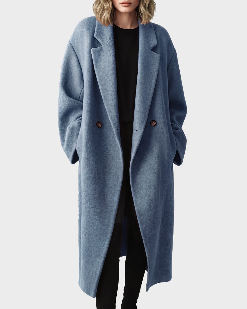 Long Double-Breasted Notched-Lapel Coat - view 21