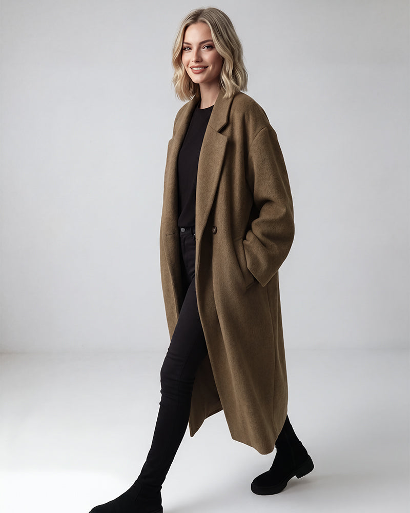 Long Double-Breasted Notched-Lapel Coat - view 4