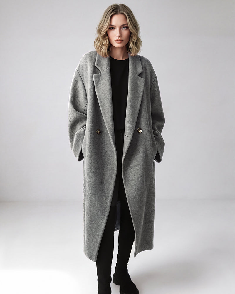 Long Double-Breasted Notched-Lapel Coat - view 15