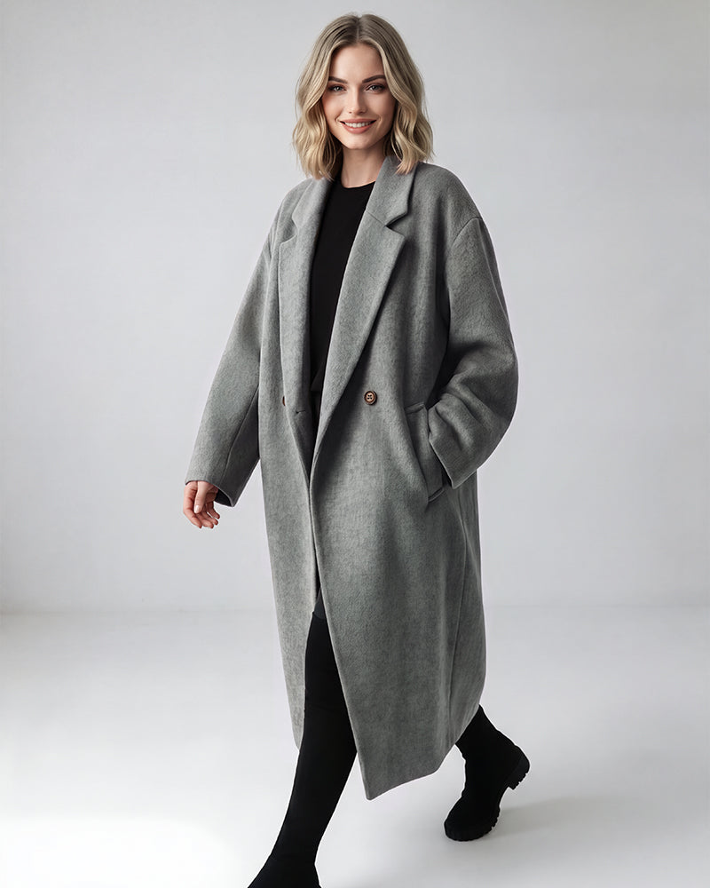 Long Double-Breasted Notched-Lapel Coat - view 16