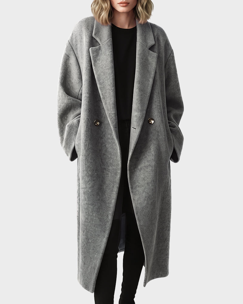 Long Double-Breasted Notched-Lapel Coat - view 22