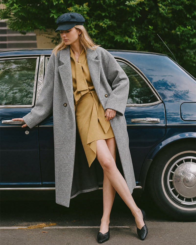 Long Double-Breasted Notched-Lapel Coat - view 18