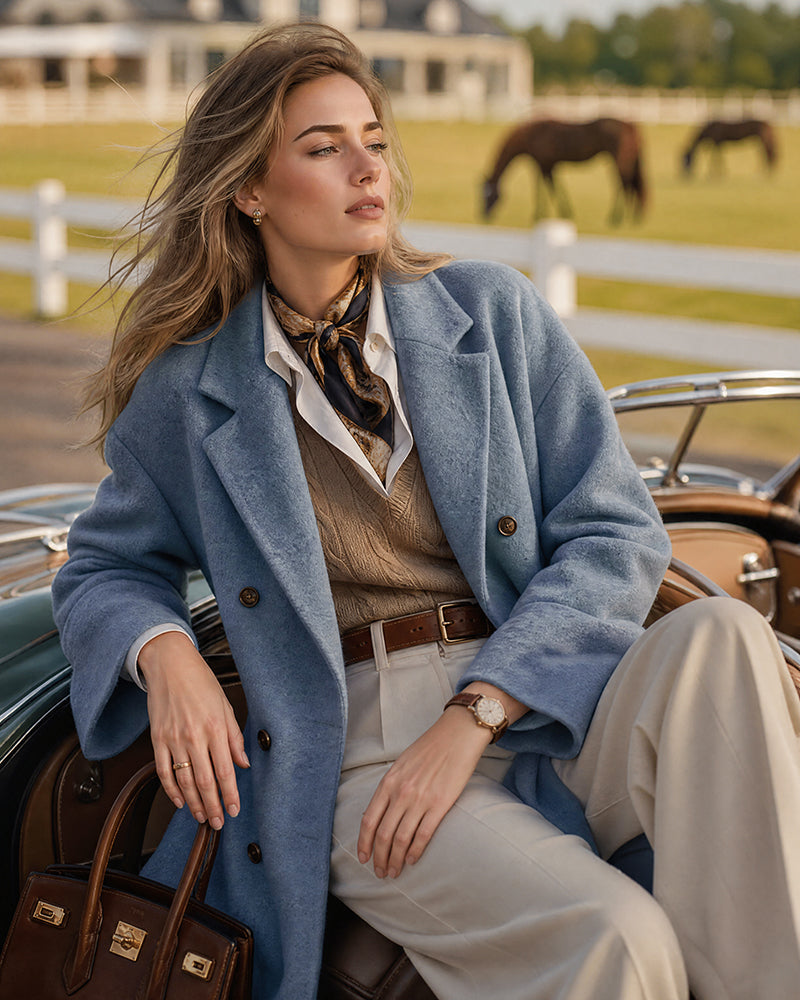 Long Double-Breasted Notched-Lapel Coat - view 14